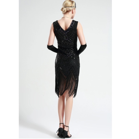 Jet Black glass beaded Fringe Flapper Dress - Picture 4 of 8